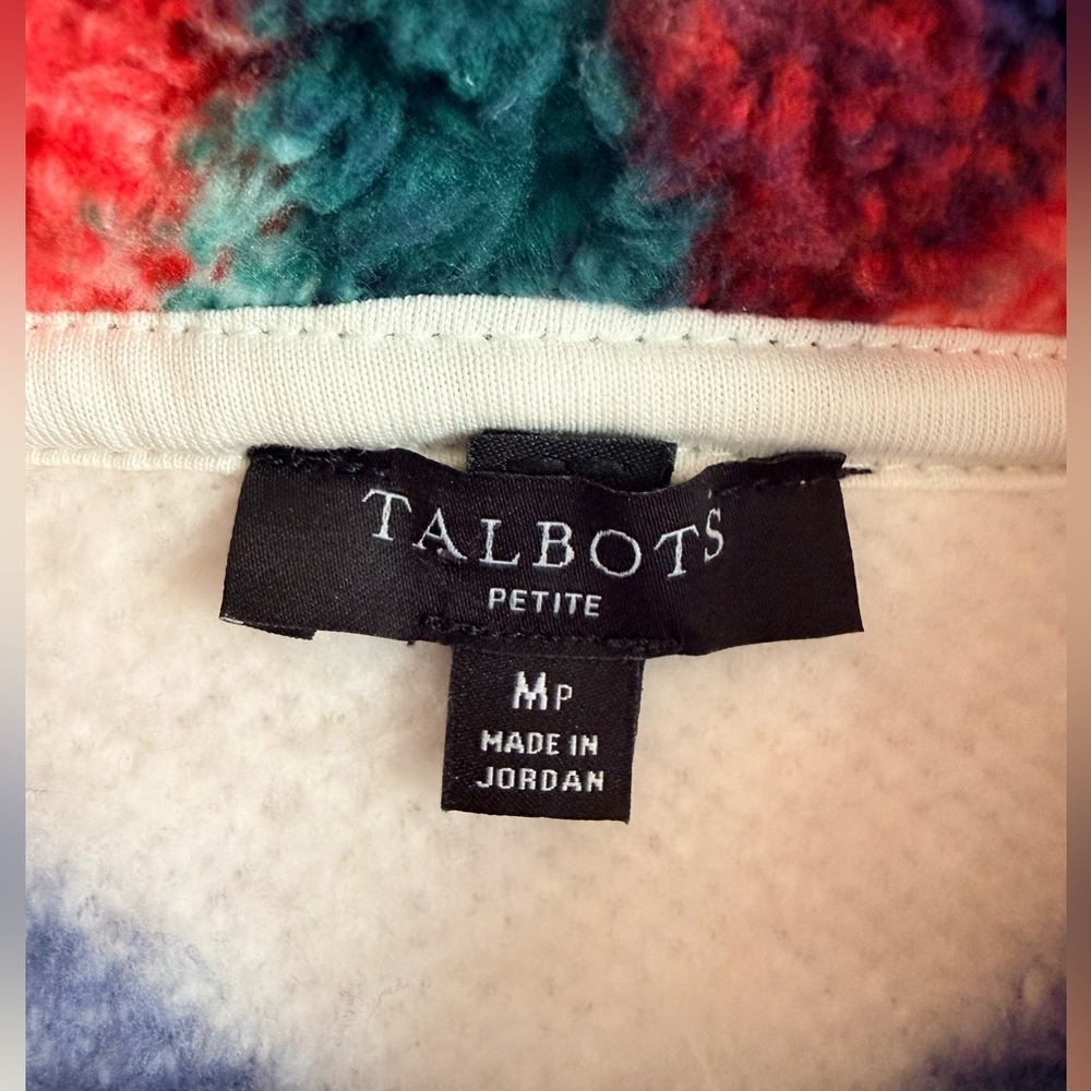 Talbots Ultra Plush Sherpa Fleece Top Zip Blue Green Plaid Women’s Med Petite - Picture 3 of 11
